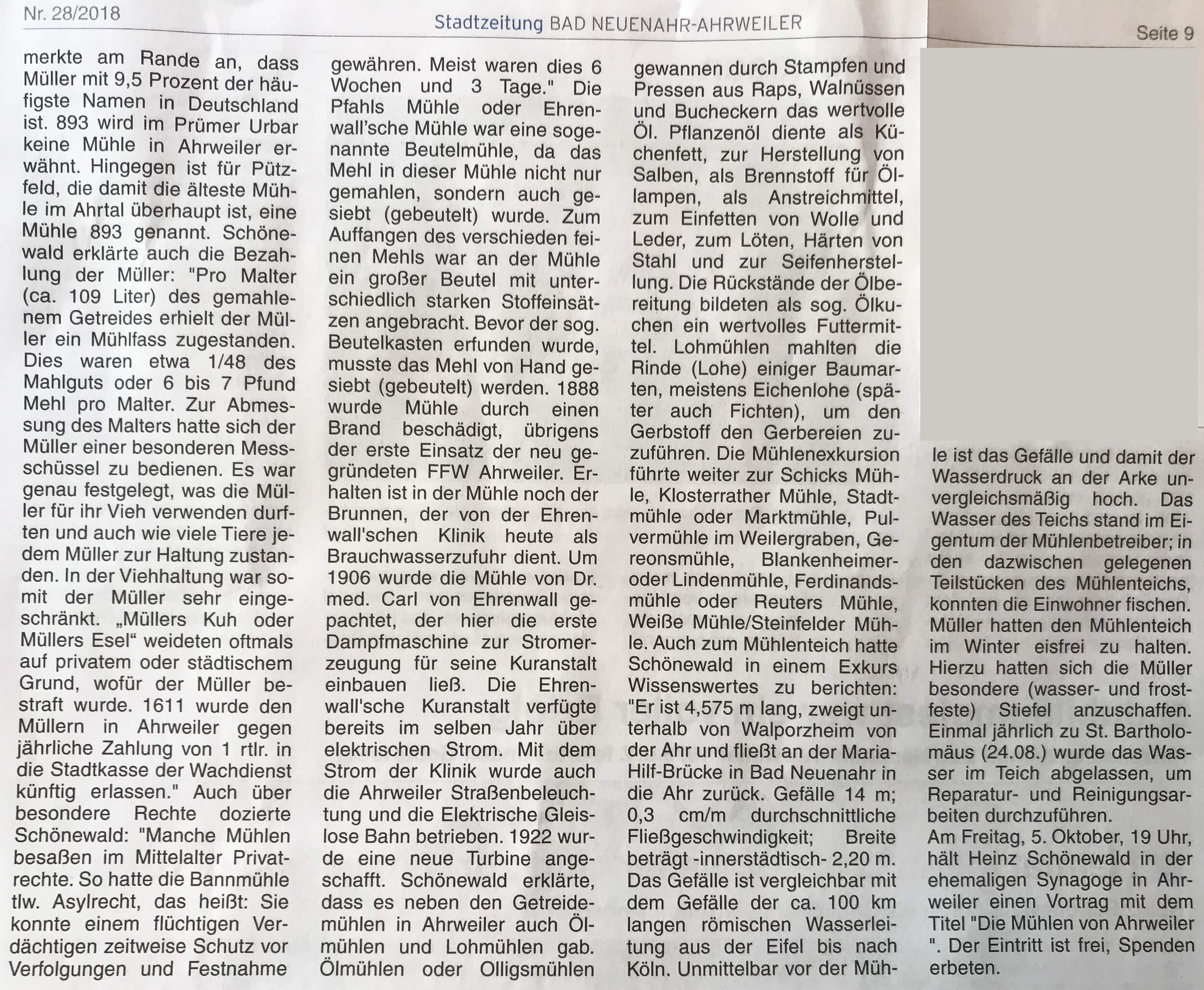 Mühlenwanderung entlang des Ahrweiler Mühlenteichs mit Heinz Schönewald Bericht der Stadtzeitung 28-2018 -Seite 2-